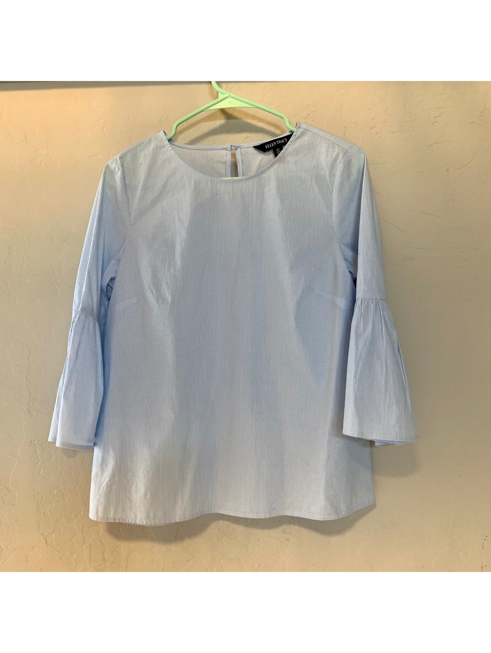 Ellen Tracy light blue striped bell sleeve blouse